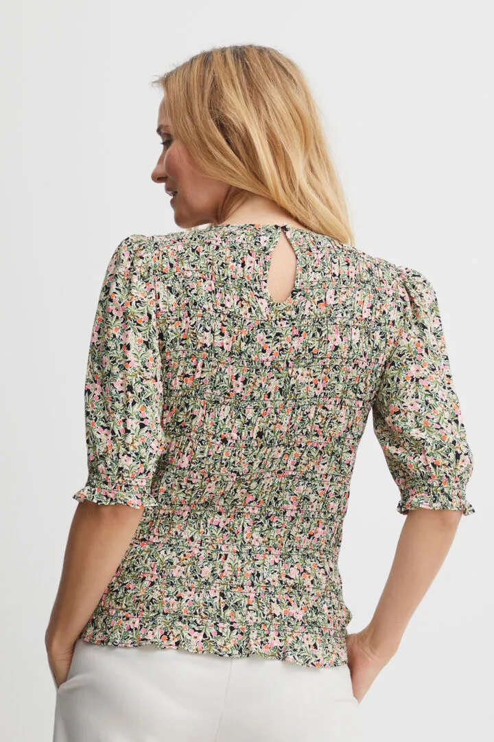 1903- Pink Floral Print Blouse with 1/2 Sleeve- Fransa