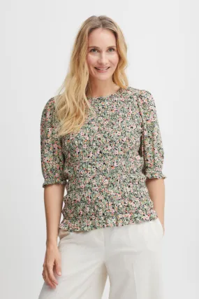 1903- Pink Floral Print Blouse with 1/2 Sleeve- Fransa