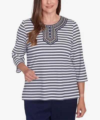 Alfred Dunner Petite Striped Necklace Top