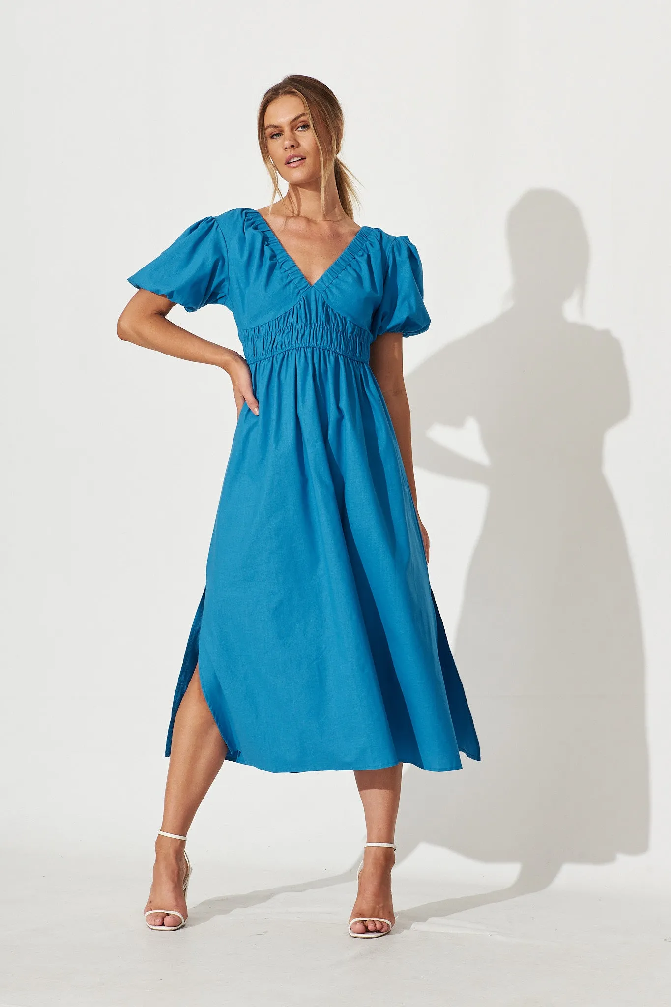 Arizona Midi Dress In Blue Cotton Linen Blend