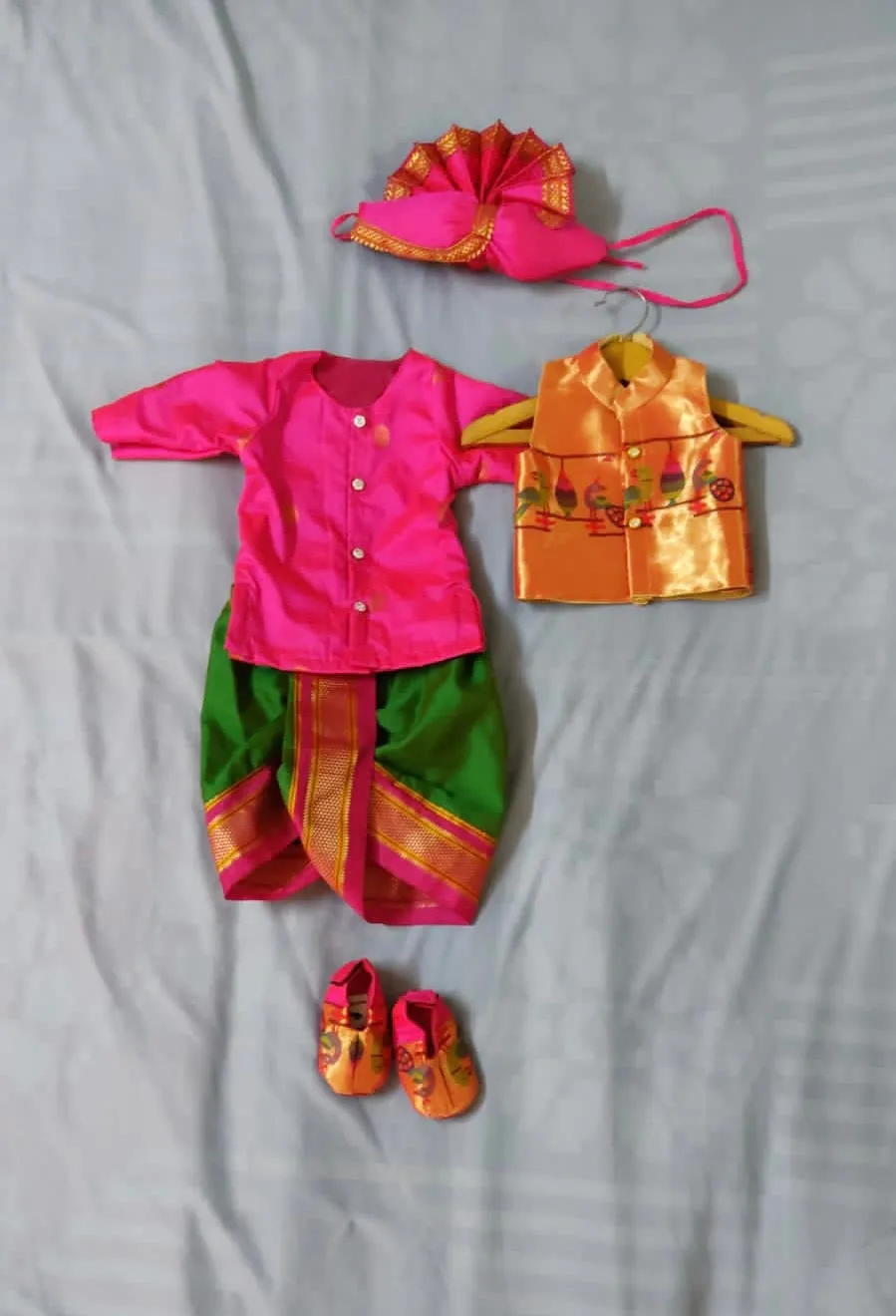 Baby boy set- premium pink paithani kurta with green dhoti and jacket set with pheta and booties