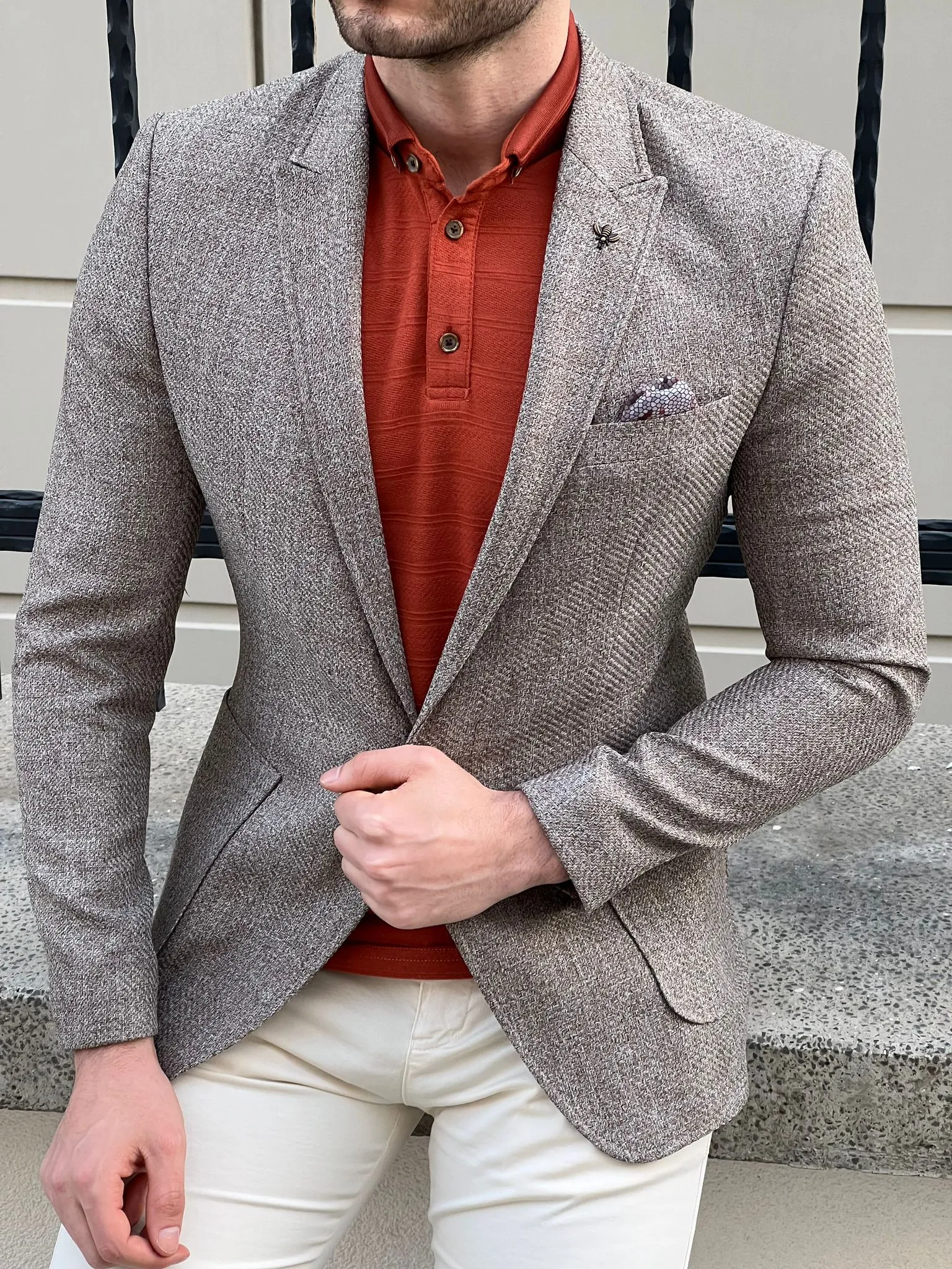 Bojoni Montebello Slim fit High Quality Self Patterned Dark Beige Blazer