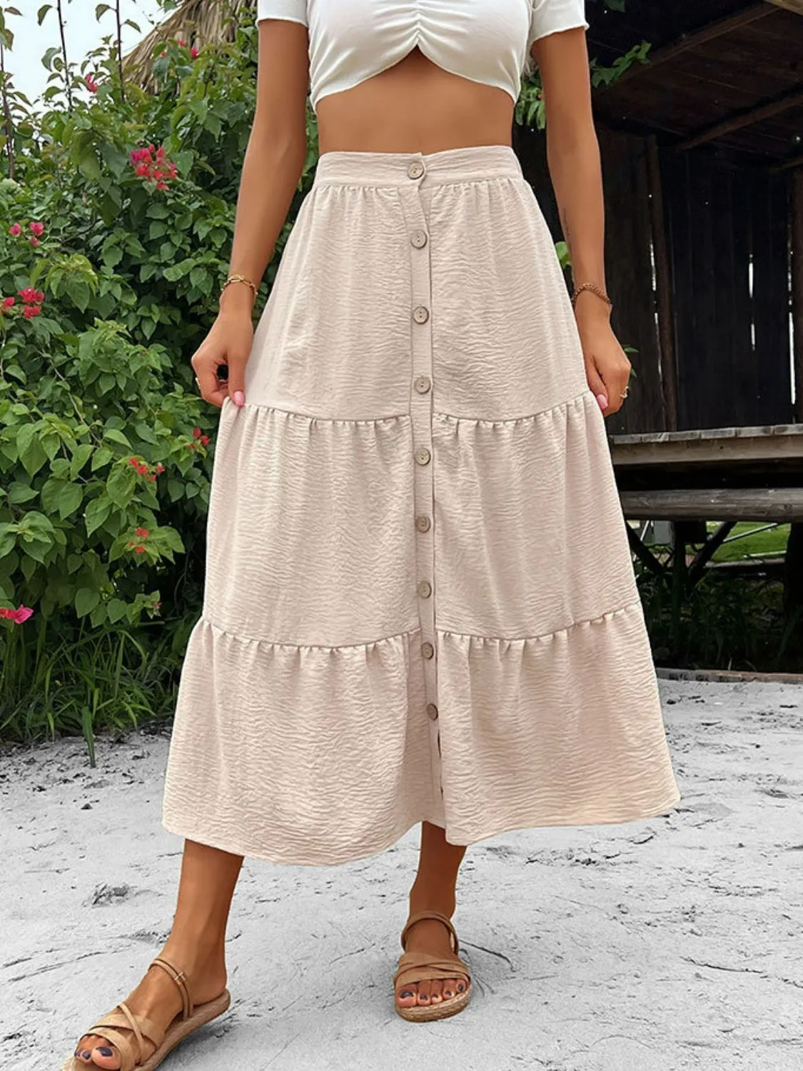 Buttoned Beauty Tiered Midi Skirt