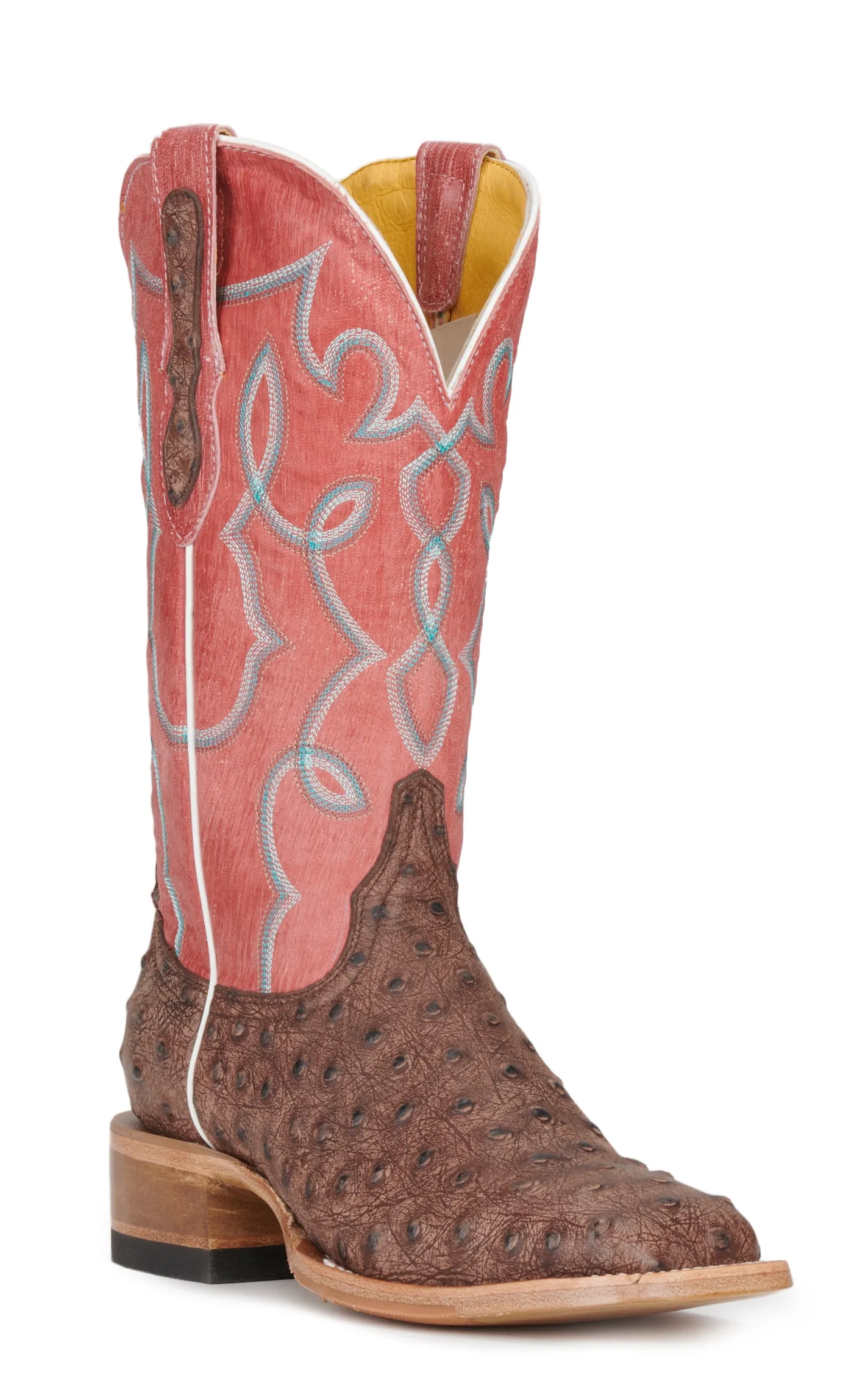 Cavender's Women's Pink and Chocolate Ostrich Print Wide Square Toe Cowboy Boots