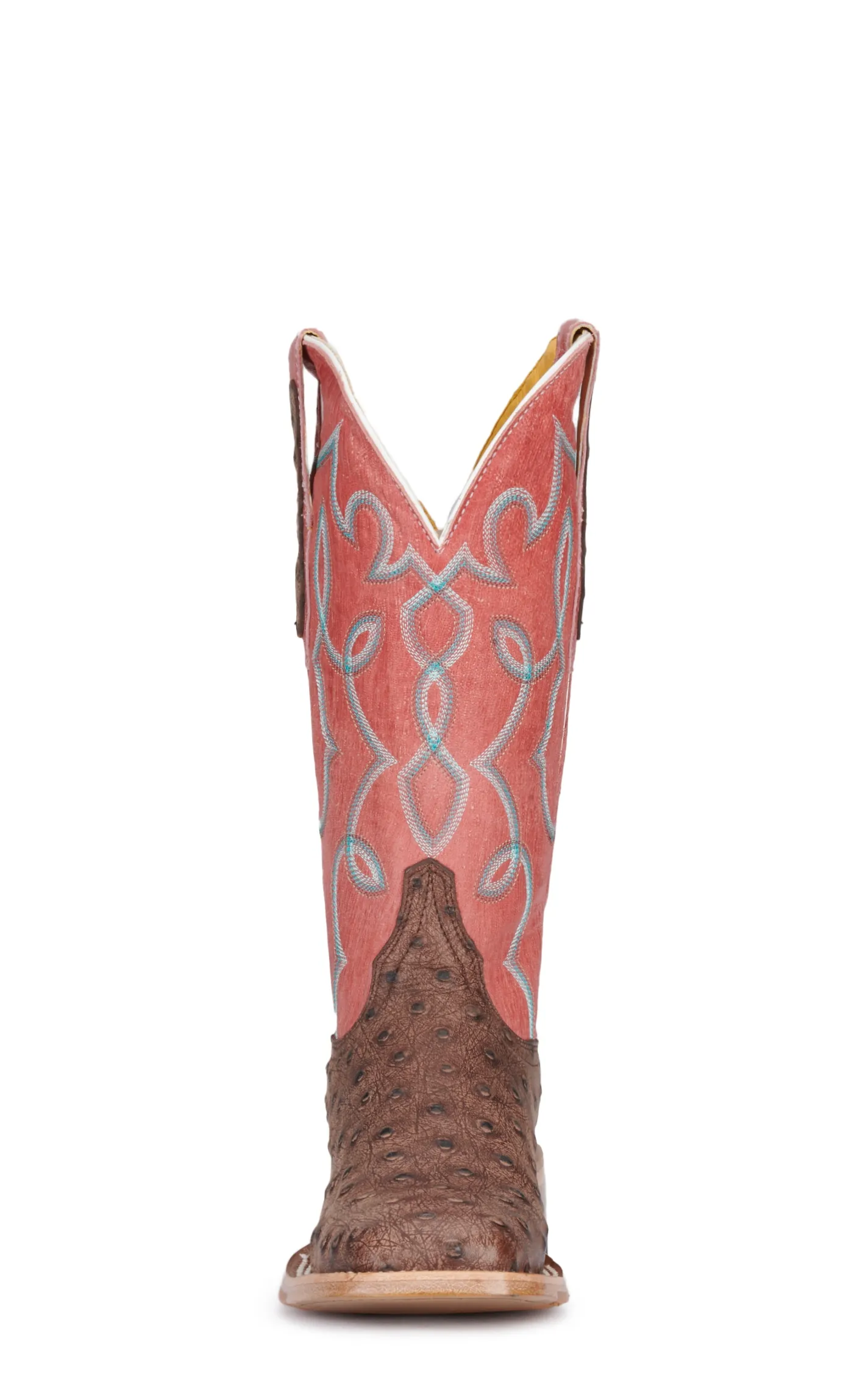 Cavender's Women's Pink and Chocolate Ostrich Print Wide Square Toe Cowboy Boots