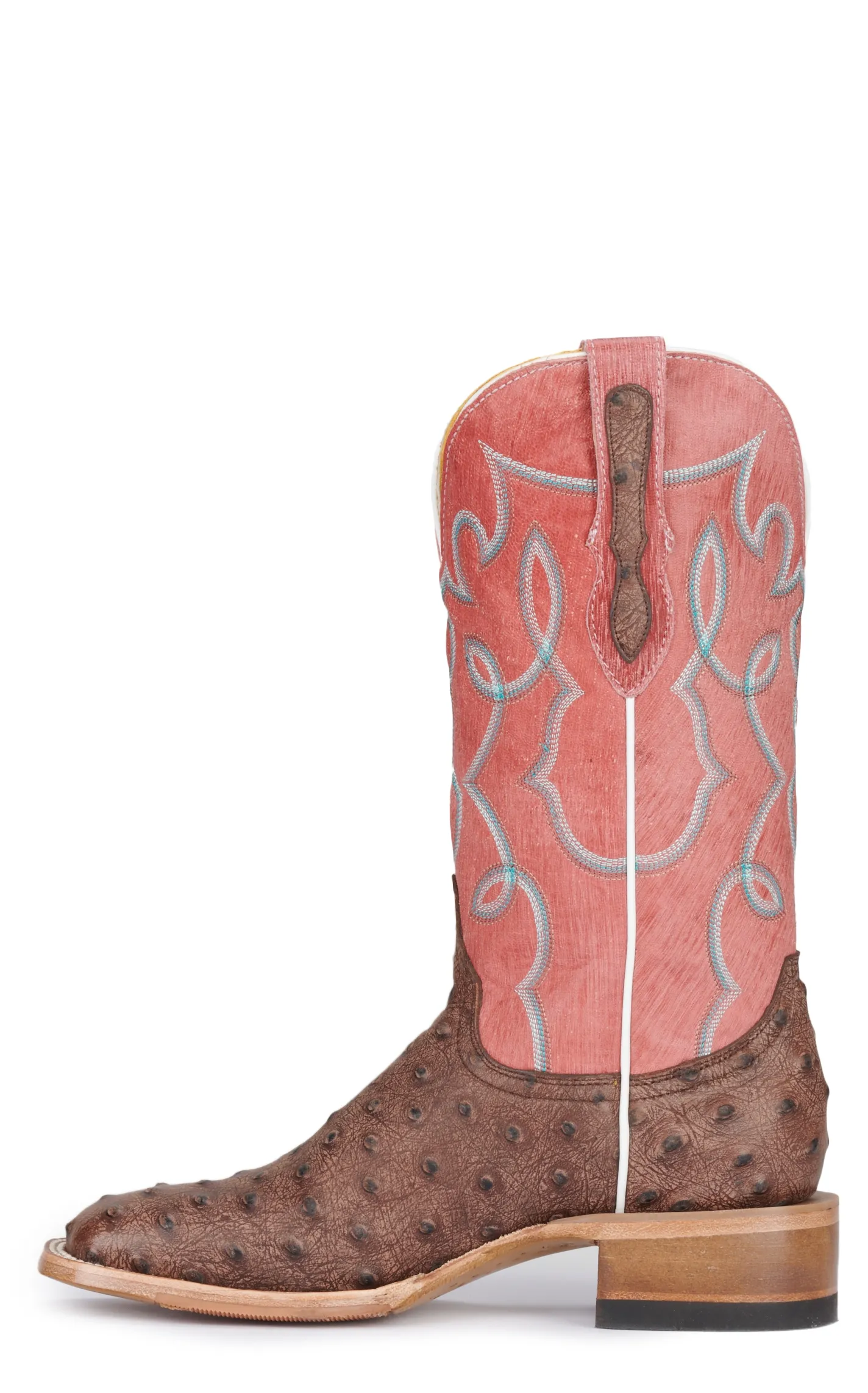 Cavender's Women's Pink and Chocolate Ostrich Print Wide Square Toe Cowboy Boots