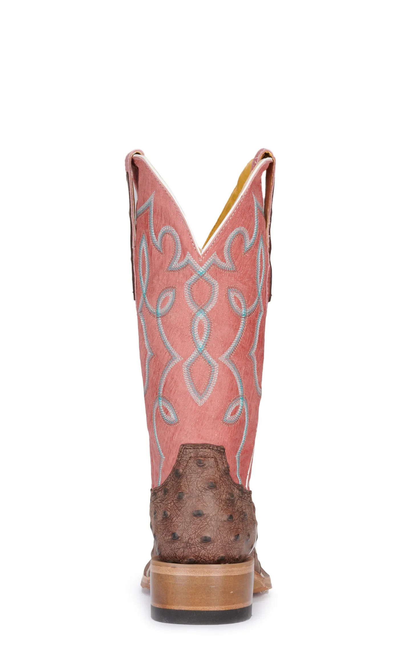 Cavender's Women's Pink and Chocolate Ostrich Print Wide Square Toe Cowboy Boots