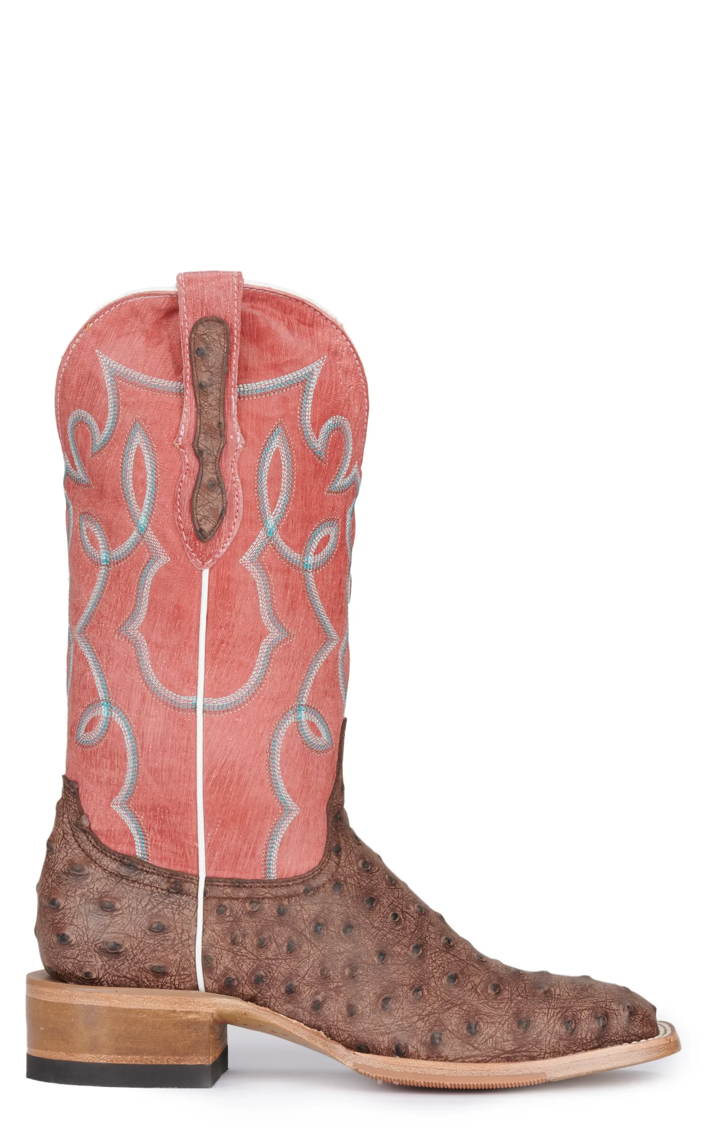 Cavender's Women's Pink and Chocolate Ostrich Print Wide Square Toe Cowboy Boots