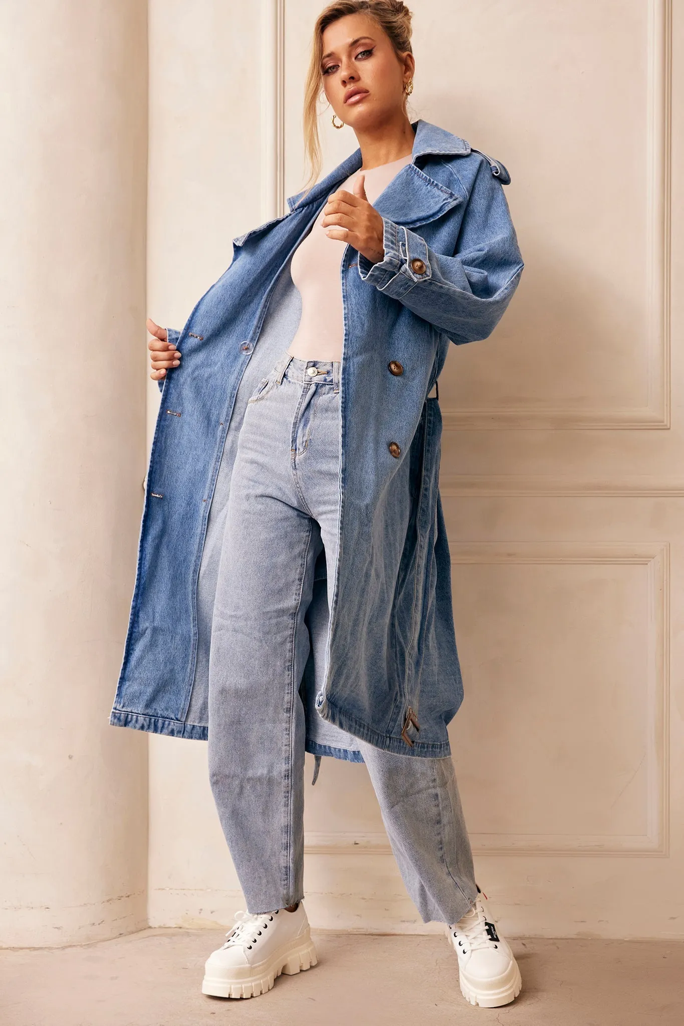 Double Take Denim Trench Coat - Blue