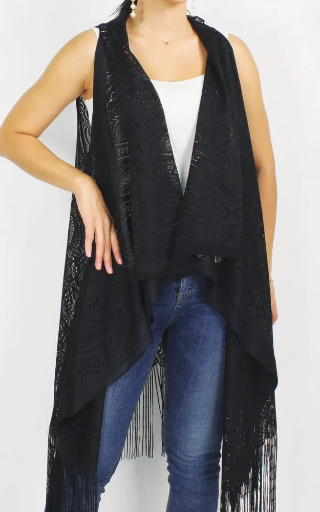 EAV9624 Lace Vest w/Long Fringes Cover Up