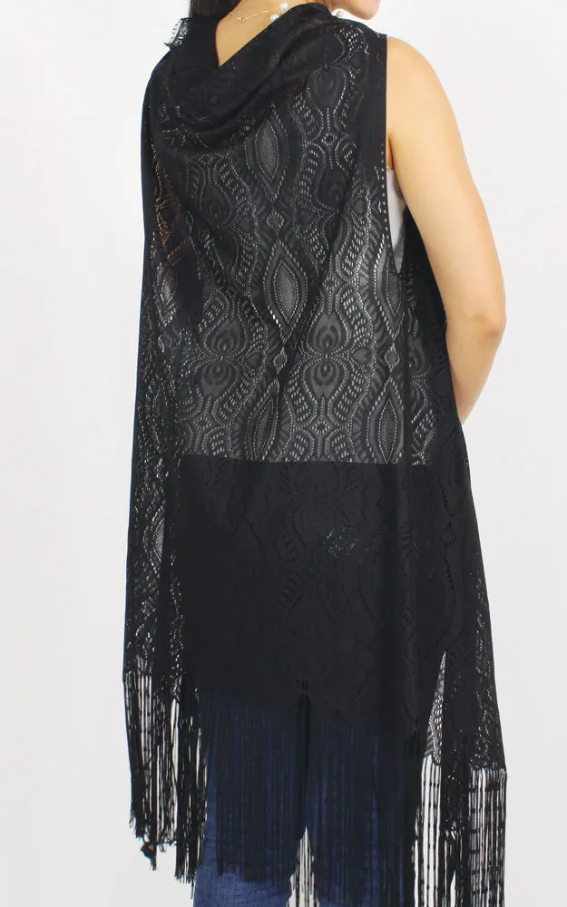 EAV9624 Lace Vest w/Long Fringes Cover Up