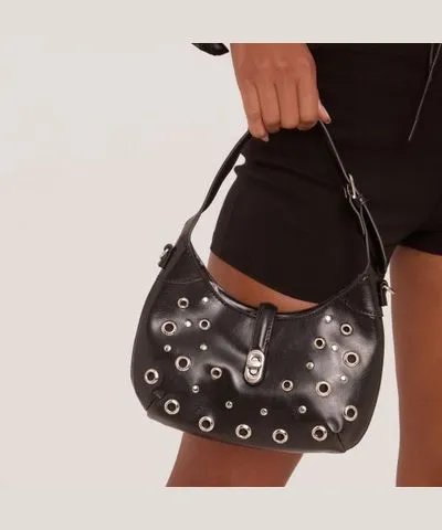 EGO Londyn Eyelet Detail Half Moon Shaped Shoulder Bag In Black Faux Leather