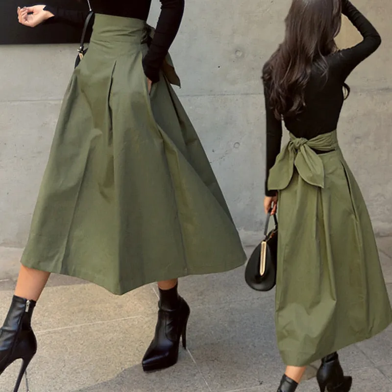 Fashion Solid Color Big Swing Women Skirt High Waist Bow Slim Skirts