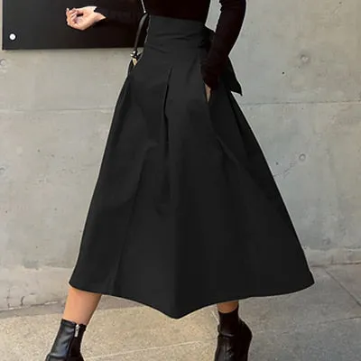 Fashion Solid Color Big Swing Women Skirt High Waist Bow Slim Skirts