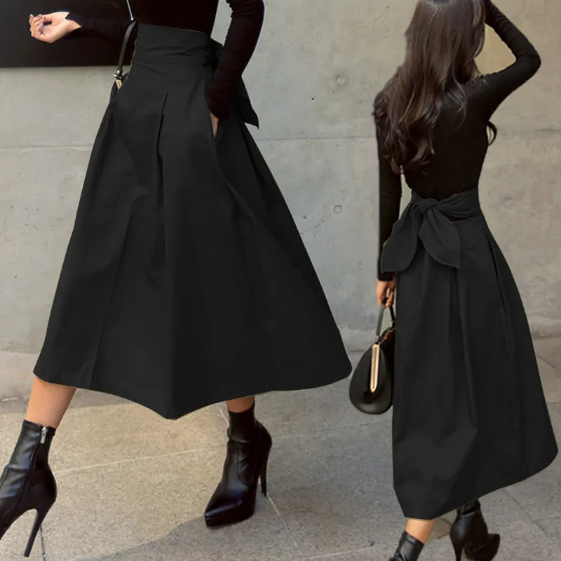 Fashion Solid Color Big Swing Women Skirt High Waist Bow Slim Skirts