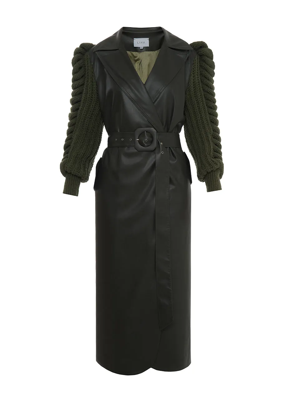 FAUX LEATHER COAT WITH KNITTED SLEEVES