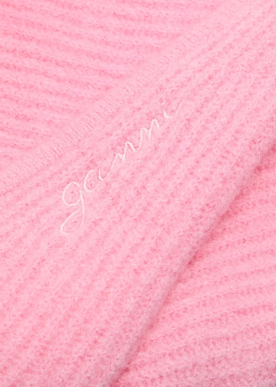 GANNI Logo-embroidered hooded knitted scarf  
                         
                     
                