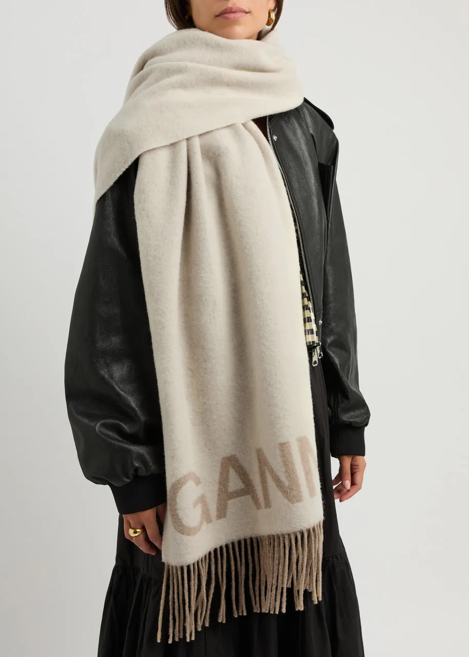 GANNI Logo-intarsia fringed wool scarf  
                         
                     
                