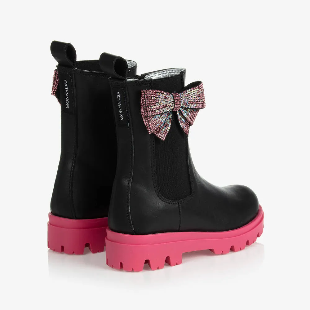 Girls Black Leather Bow Boots