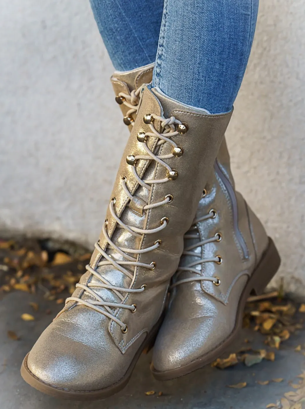 Girls Metallic Lace Up Combat Boots By Liv and Mia