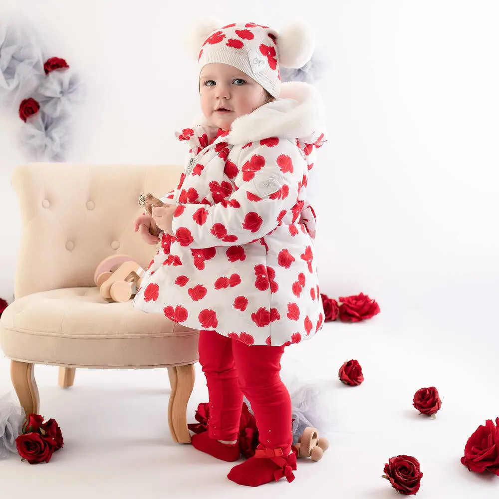 Girls White & Red Puffer Coat