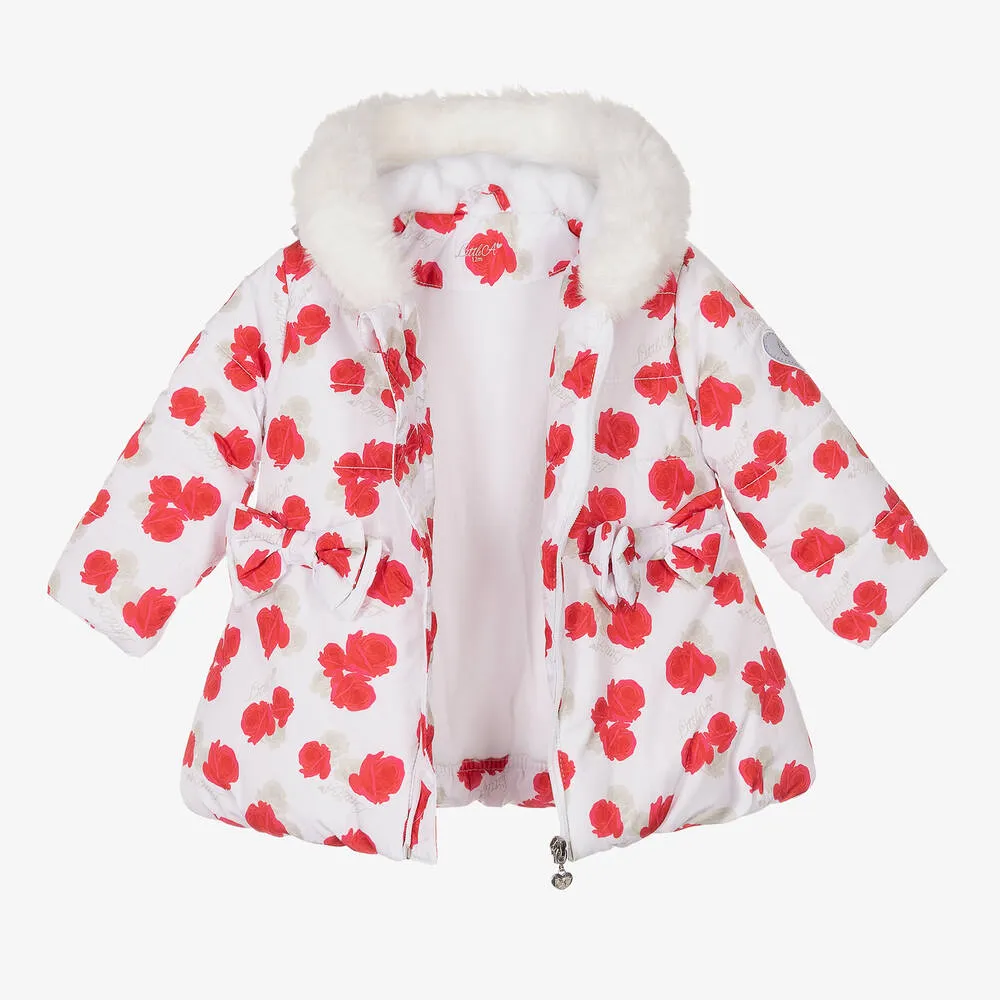 Girls White & Red Puffer Coat