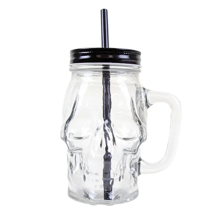 Halloween Clear Skull Jar With Lid & Straw