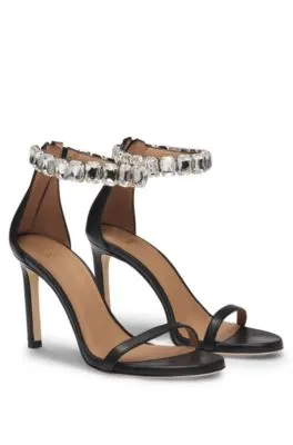 High-heeled sandals in nappa leather with rhinestone strap