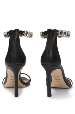 High-heeled sandals in nappa leather with rhinestone strap