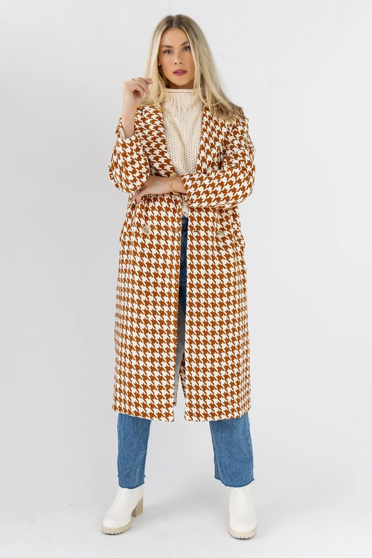 Houndstooth Hues Rust Button Coat - Final Sale