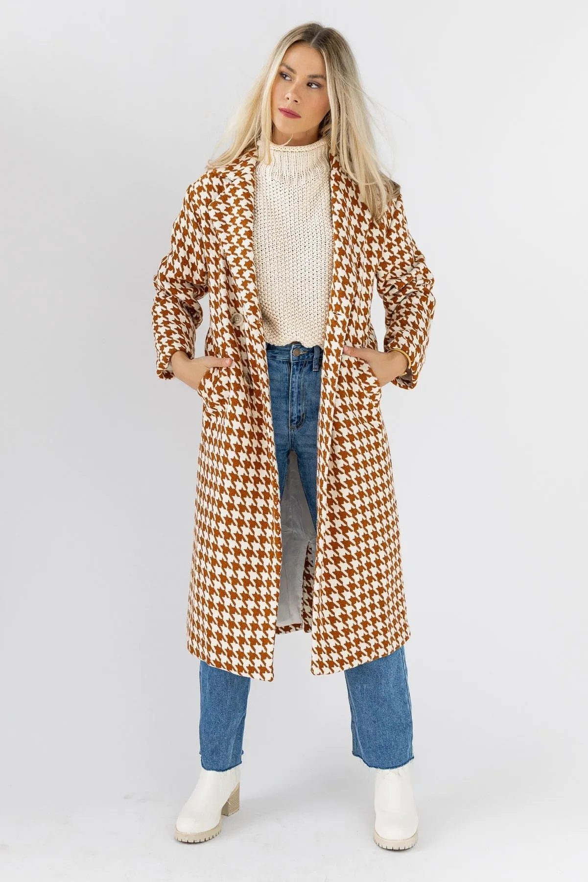 Houndstooth Hues Rust Button Coat - Final Sale