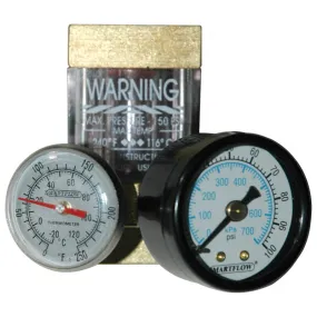 IMS Company - Flowmeter, 1/4 NPT Inlet and Outlet, 8.0 gpm, Brass End Caps, with Thermometer and Pressure Gauge (100 psi). SMAR