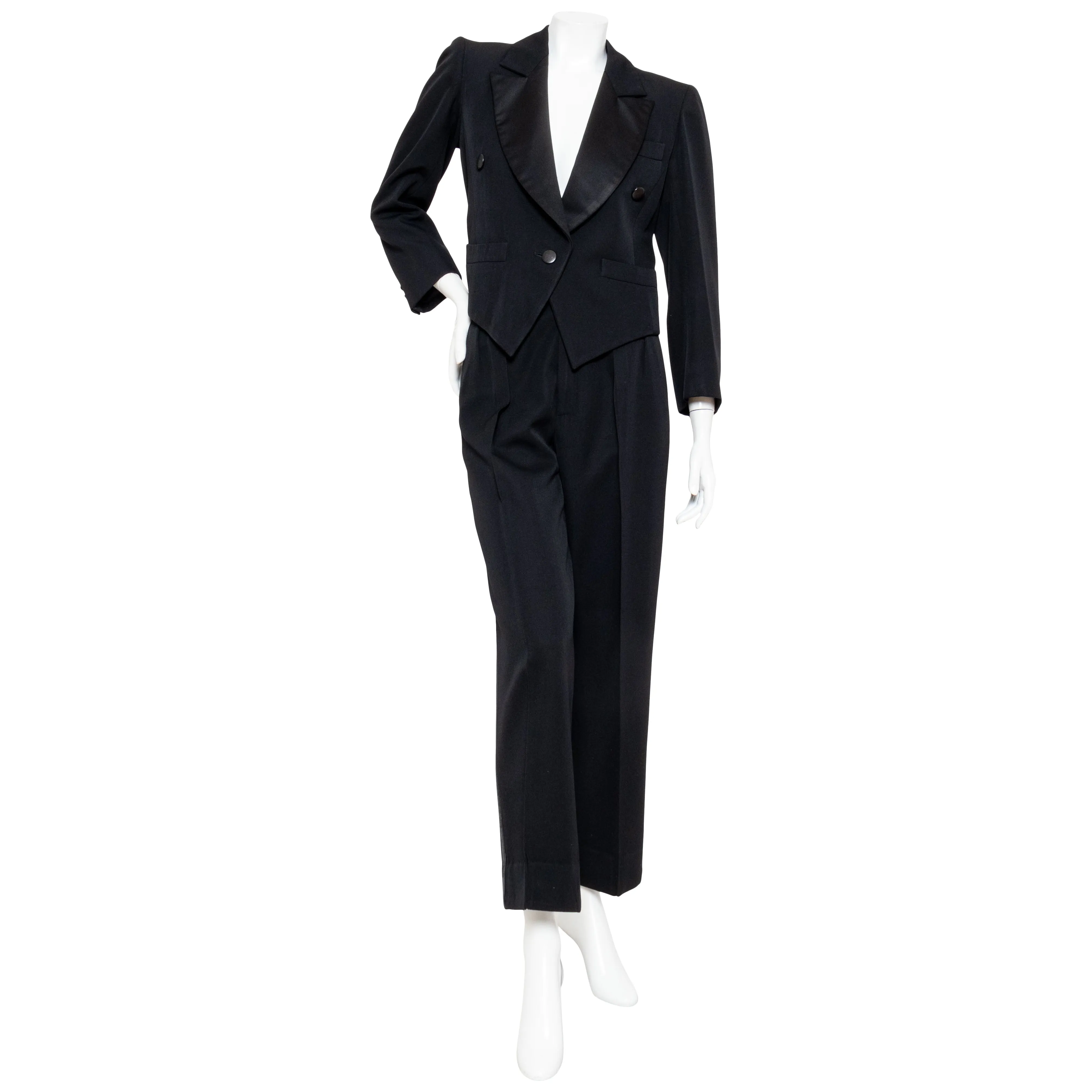 Late 1970s Women's Black Wool Smoking Tuxedo