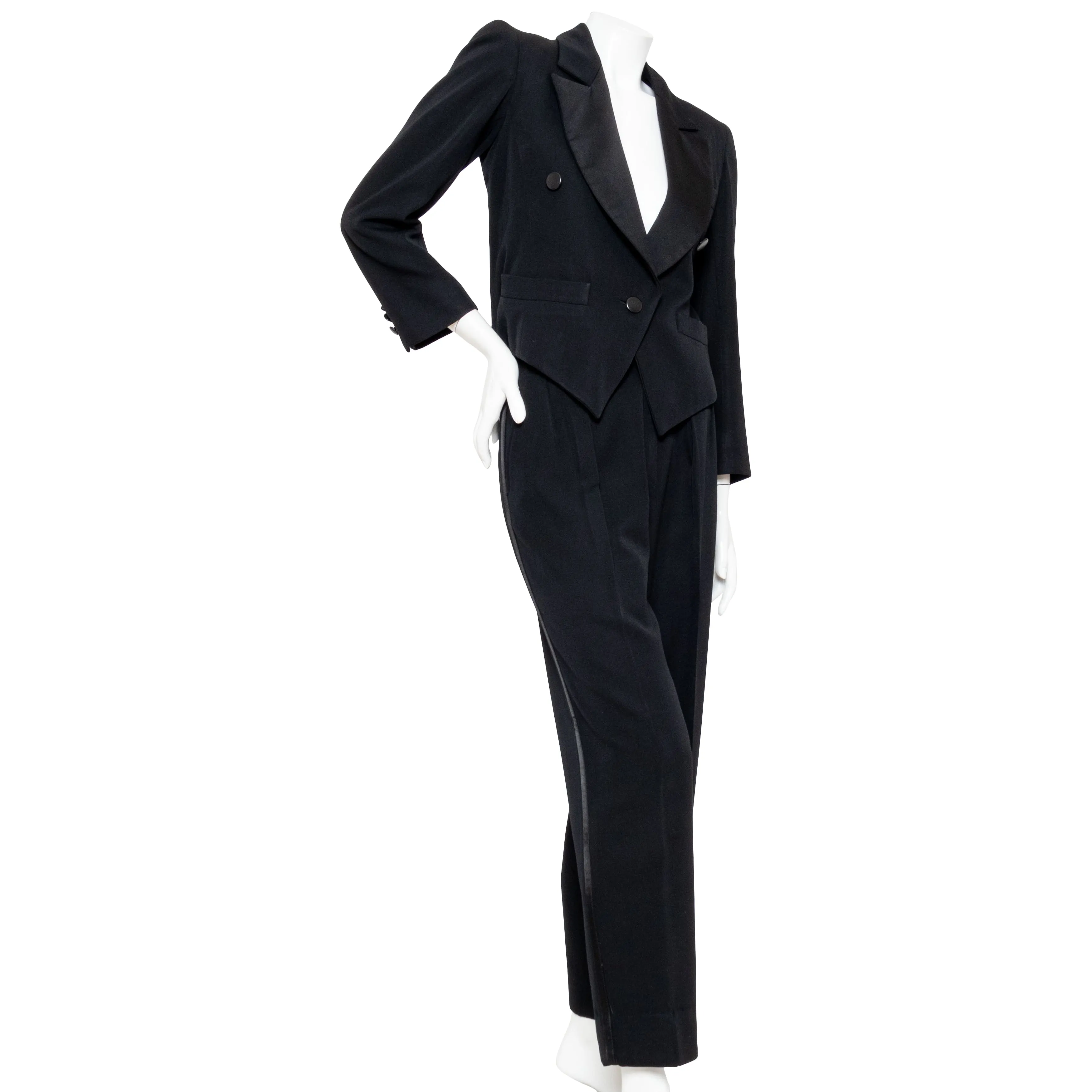 Late 1970s Women's Black Wool Smoking Tuxedo