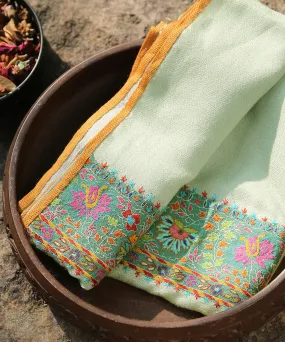 Light Green Pure Pashmina Scarf With Applique Border In Kalamkari