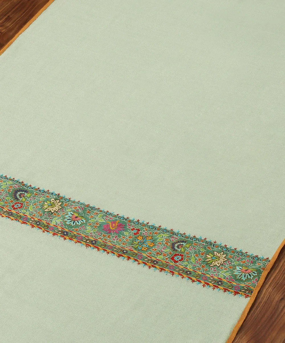 Light Green Pure Pashmina Scarf With Applique Border In Kalamkari