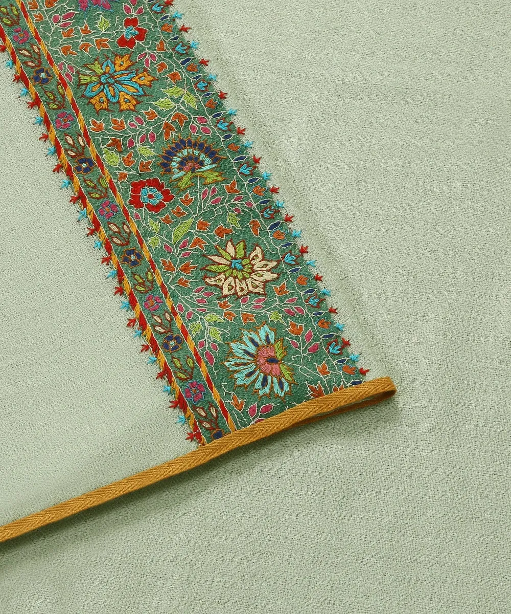 Light Green Pure Pashmina Scarf With Applique Border In Kalamkari