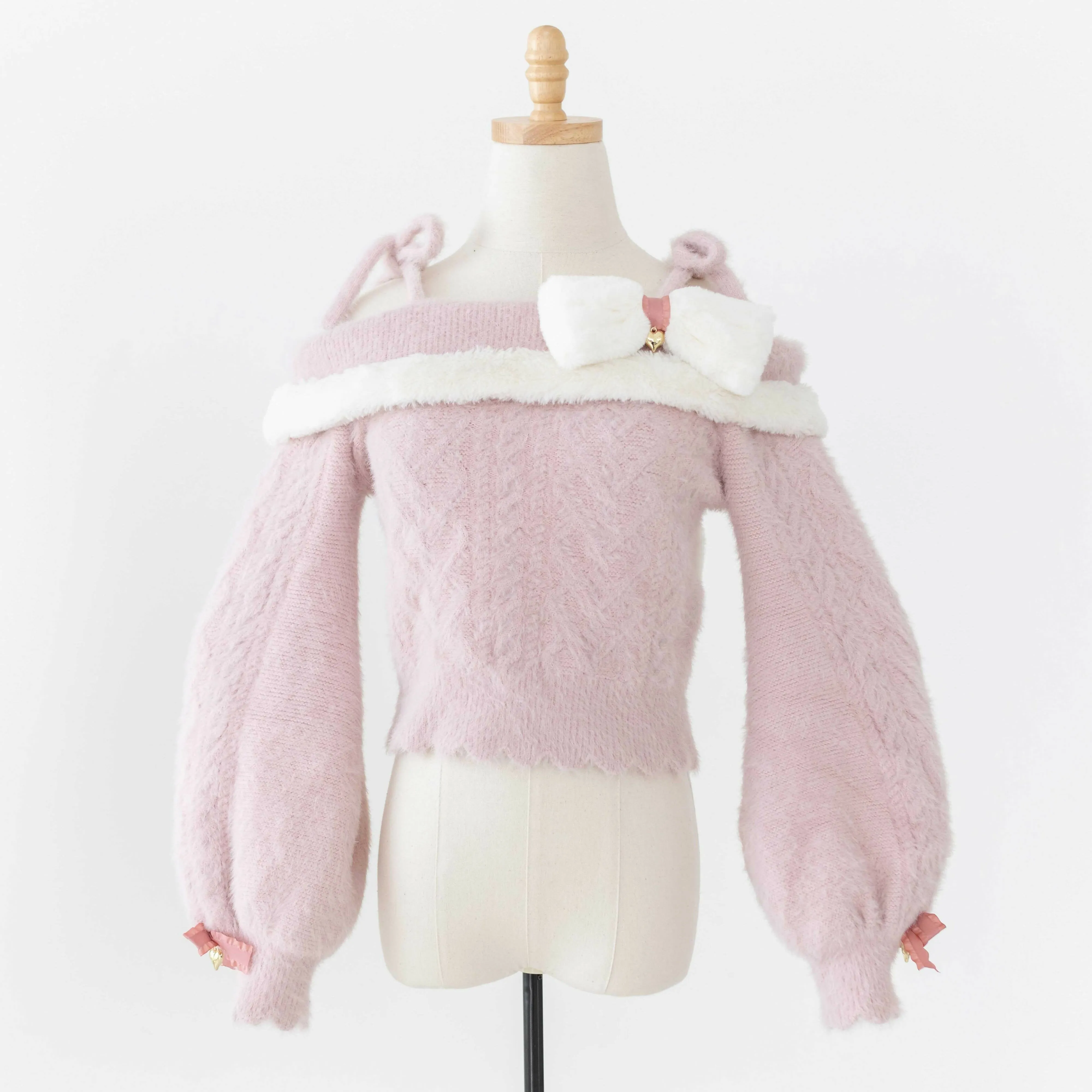 Lilia & Lace Bunny Ear Knit Sweater with Engraved Heart Charms (Pink)