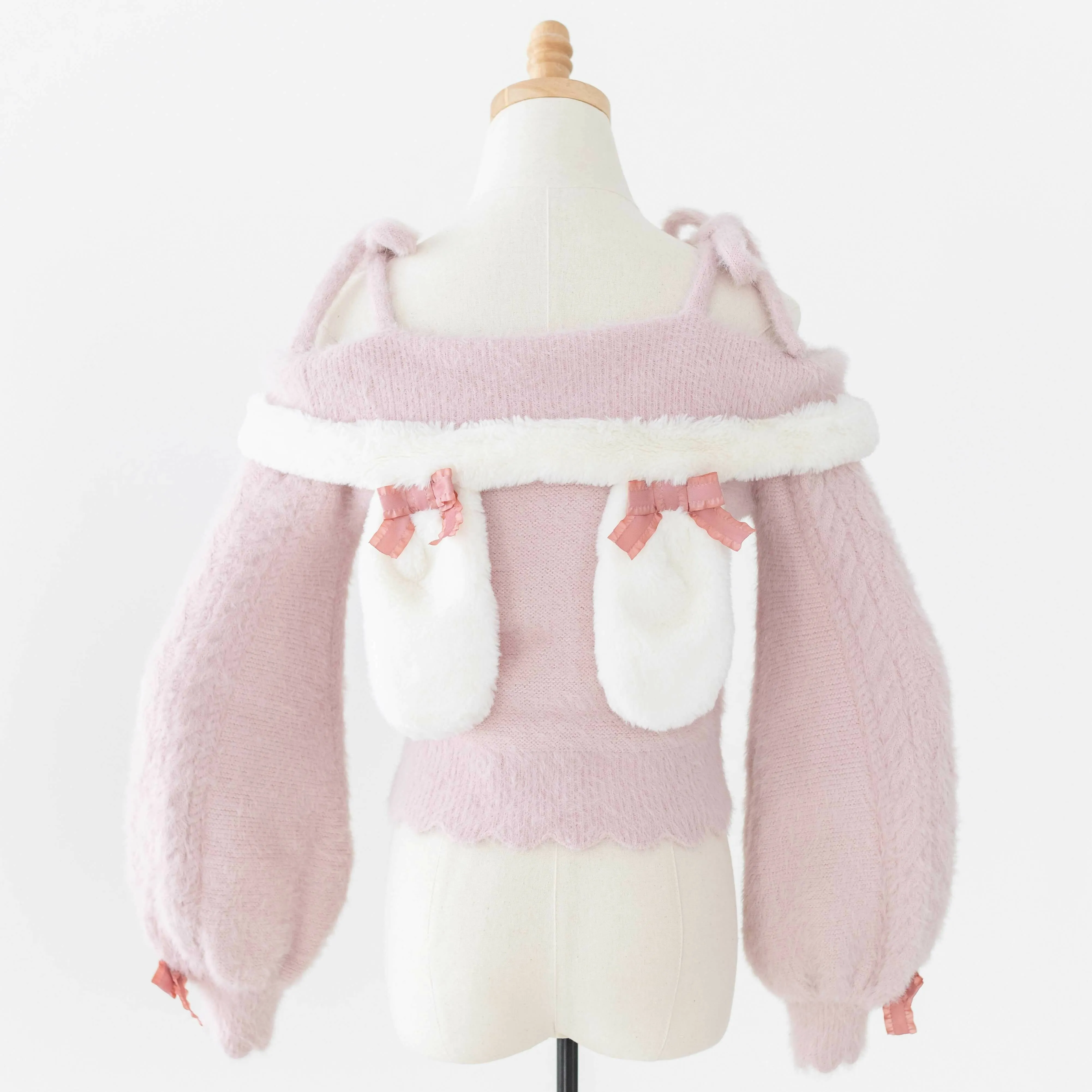 Lilia & Lace Bunny Ear Knit Sweater with Engraved Heart Charms (Pink)