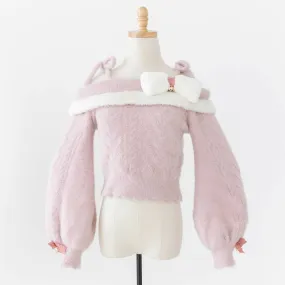 Lilia & Lace Bunny Ear Knit Sweater with Engraved Heart Charms (Pink)