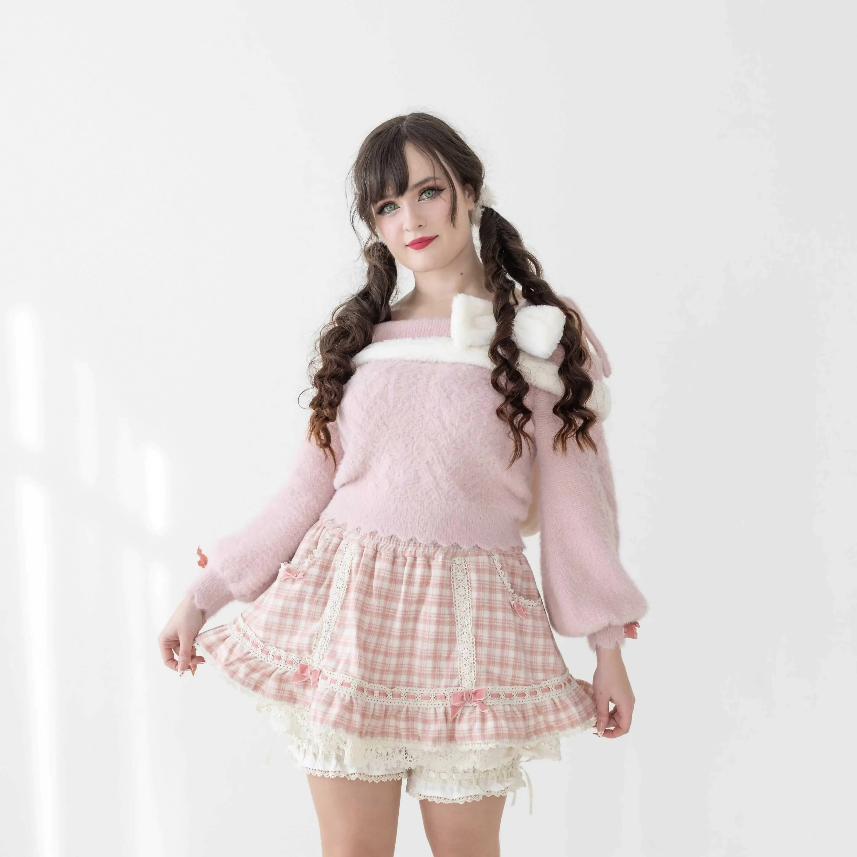 Lilia & Lace Bunny Ear Knit Sweater with Engraved Heart Charms (Pink)