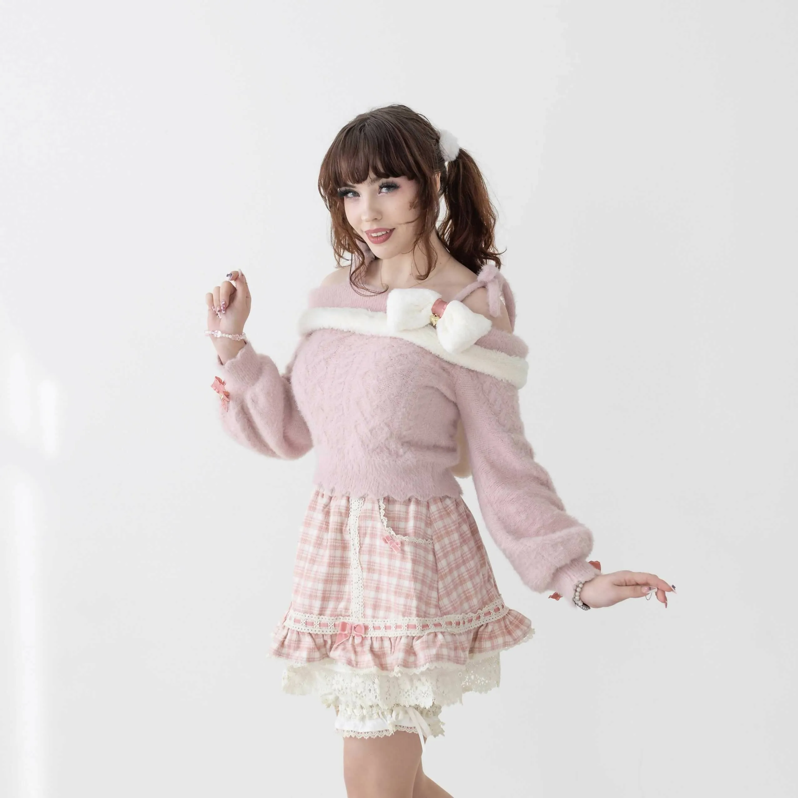 Lilia & Lace Bunny Ear Knit Sweater with Engraved Heart Charms (Pink)