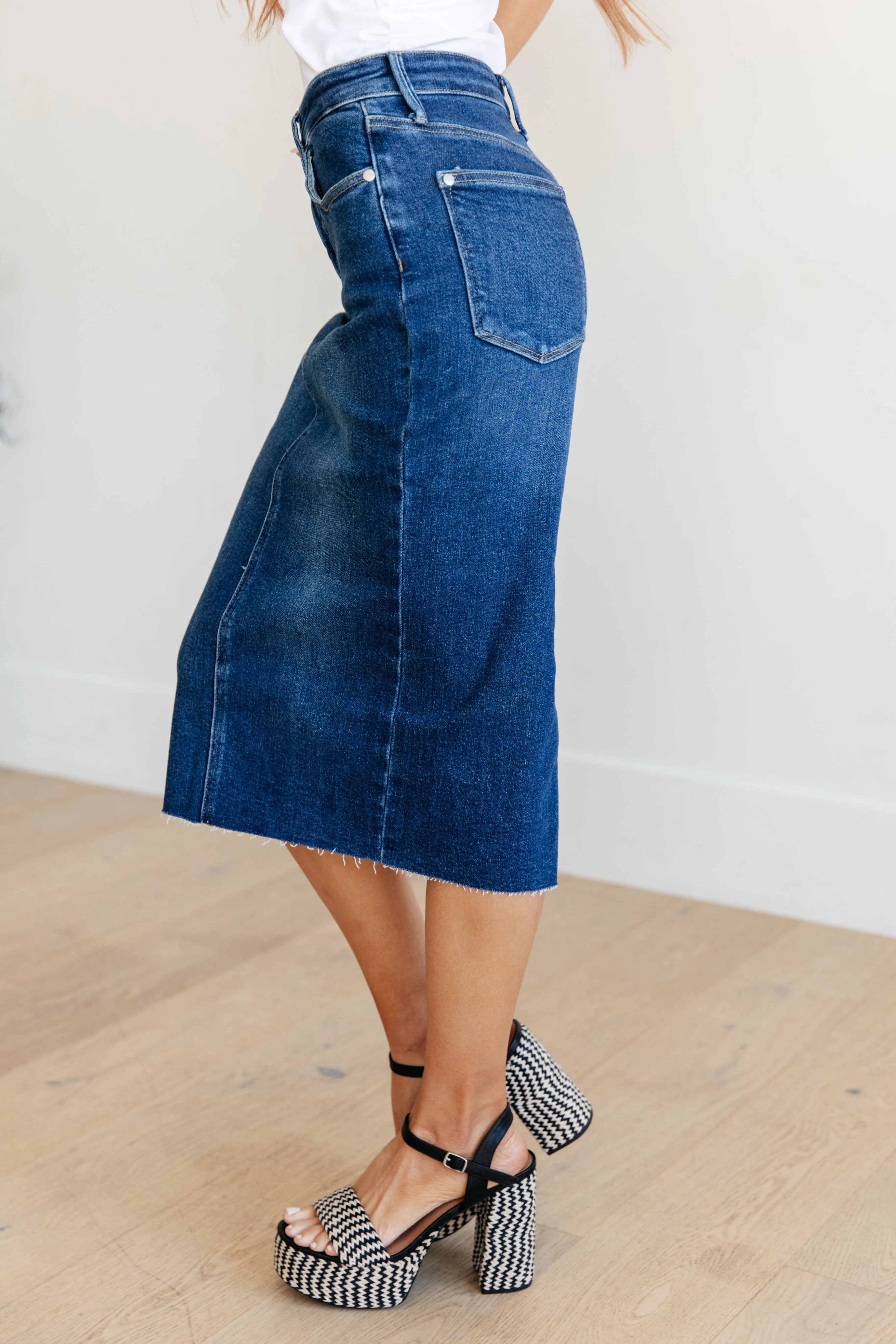 Marcy High Rise Denim Midi Skirt