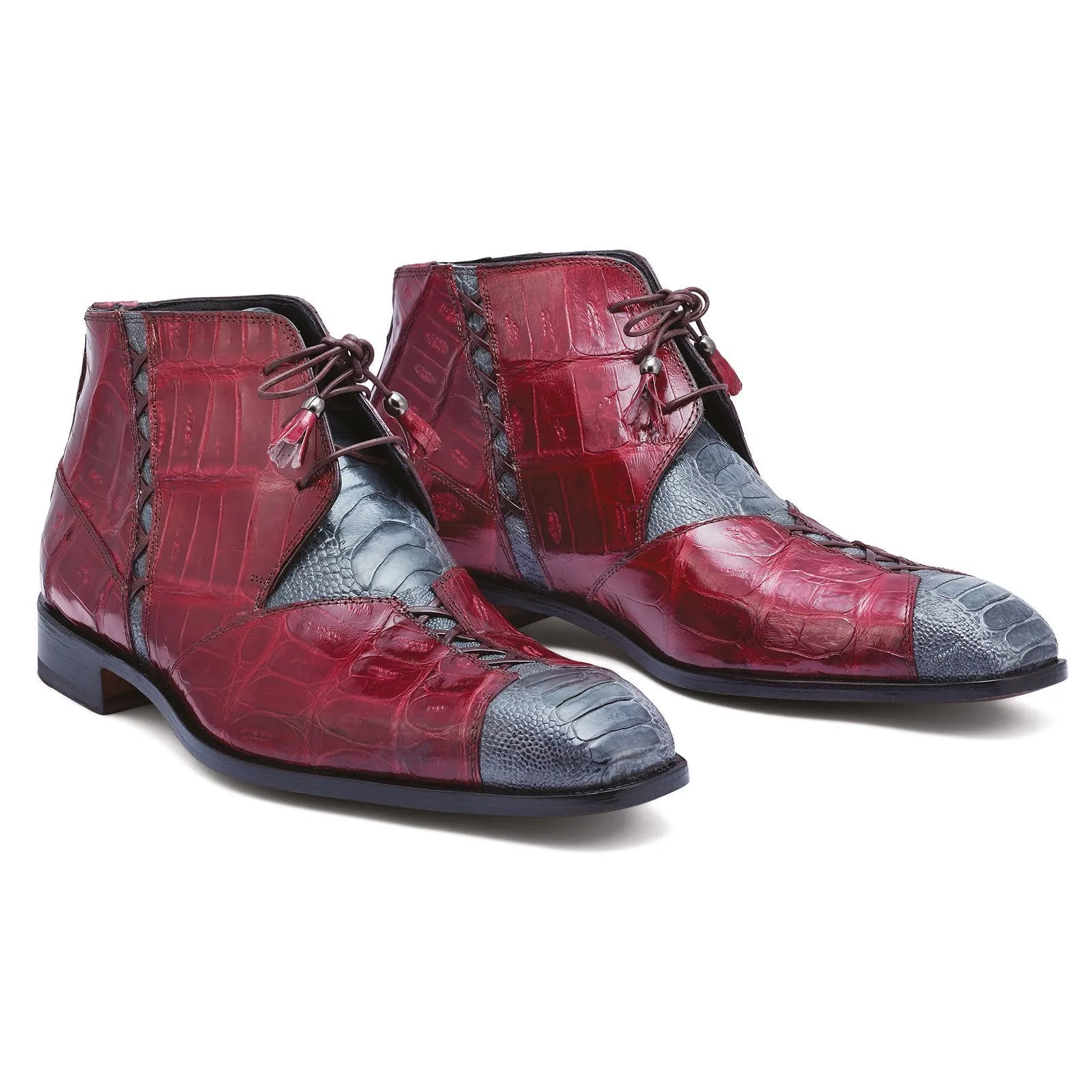 Mauri Harlem 4926 Men's Shoes Gray & Red Exotic Crocodile / Ostrich Leg Chukka Boots (MAS5264)