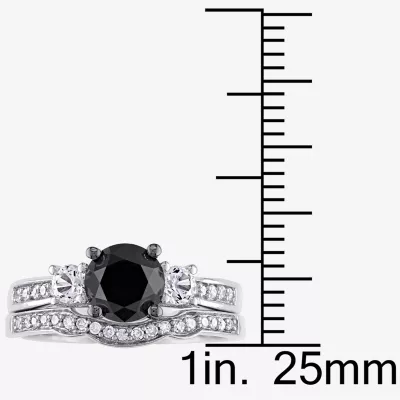 Midnight Black Womens 7/8 CT. T.W. Natural Black Diamond 10K White Gold Round Side Stone 3-Stone Bridal Set