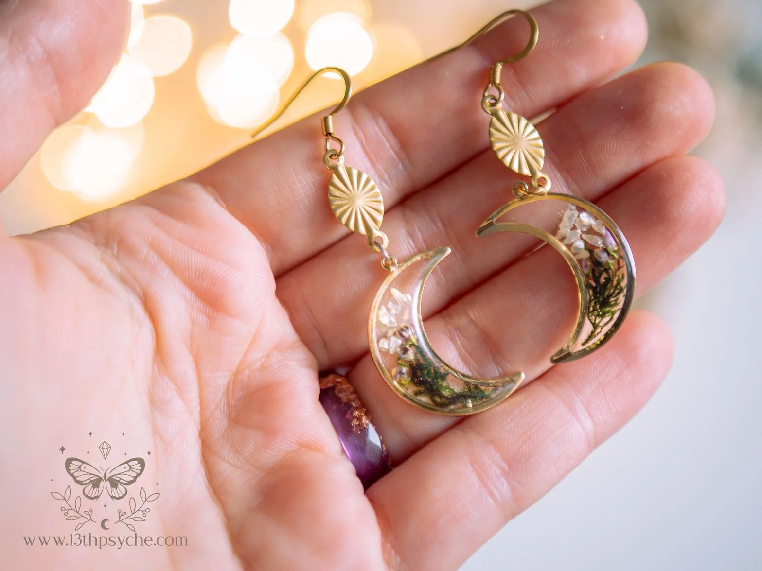 Moss and flowers dangle crescent moon earrings