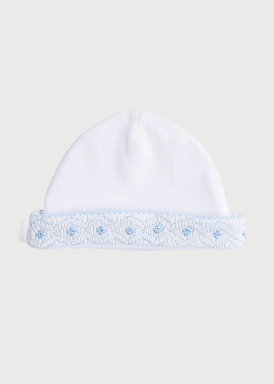 Newborn Hat with Blue Handsmocked Detail (0-3mths)