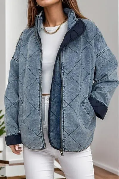 Paityn Pocketed Zip Up Dropped Shoulder Denim Jacket