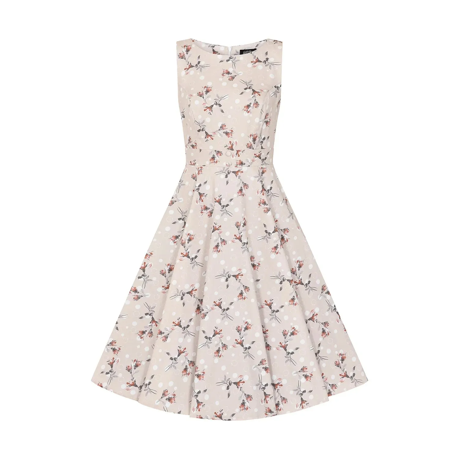 Pale Salmon Pink Polka Dot and Floral Sleeveless Swing Tea Dress