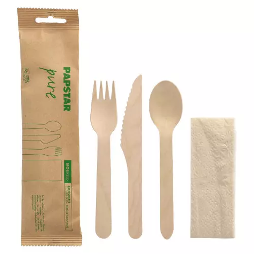 Papstar Pure Wooden Cutlery Sets: Knife, Fork, Spoon, Napkin in Paper Bag
